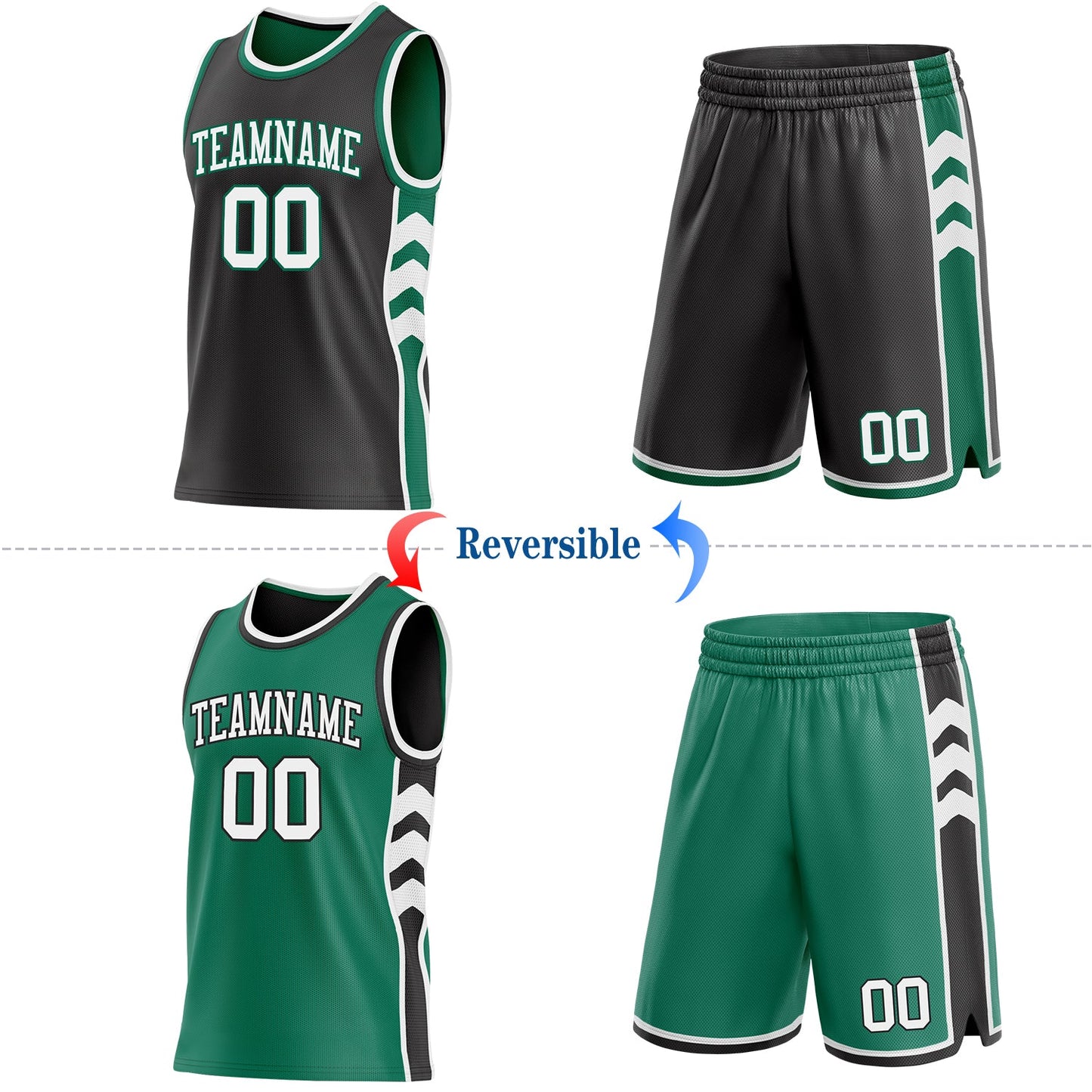 Custom Black White-Kelly Green Side Panel Geometric Chevron Reversible Double Side Sublimation Basketball Set Jersey