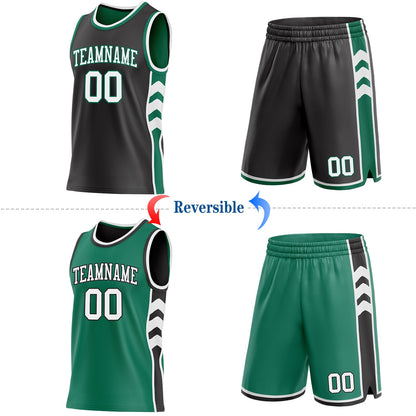 Custom Black White-Kelly Green Side Panel Geometric Chevron Reversible Double Side Sublimation Basketball Set Jersey