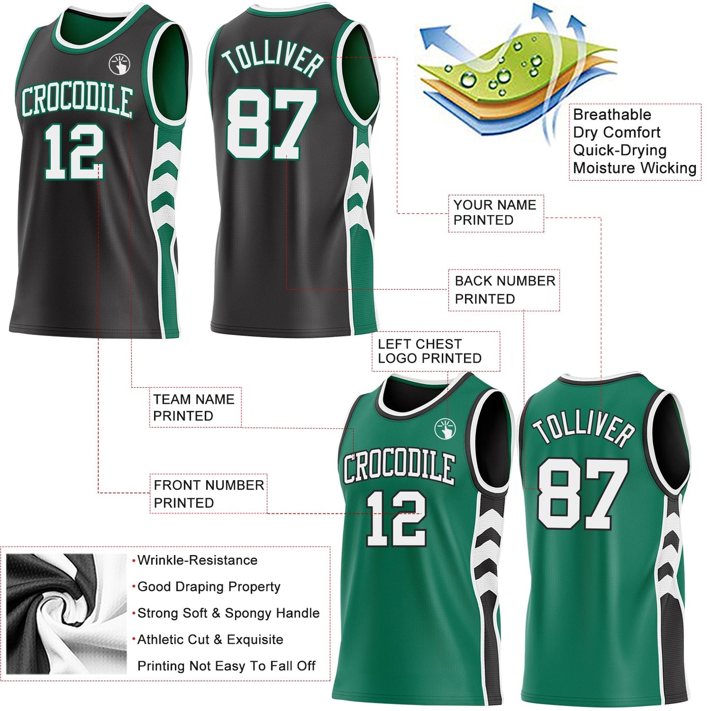 Custom Black White-Kelly Green Side Panel Geometric Chevron Reversible Double Side Sublimation Basketball Set Jersey