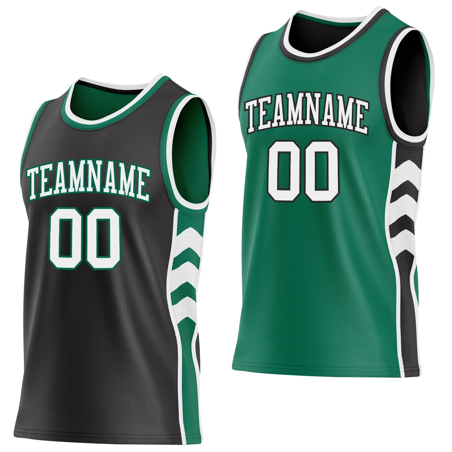 Custom Black White-Kelly Green Side Panel Geometric Chevron Reversible Double Side Sublimation Basketball Set Jersey