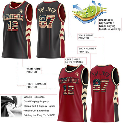 Custom Black Vintage USA Flag Cream-Maroon Side Panel Geometric Chevron Reversible Double Side Sublimation Basketball Set Jersey