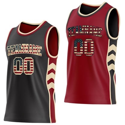 Custom Black Vintage USA Flag Cream-Maroon Side Panel Geometric Chevron Reversible Double Side Sublimation Basketball Set Jersey