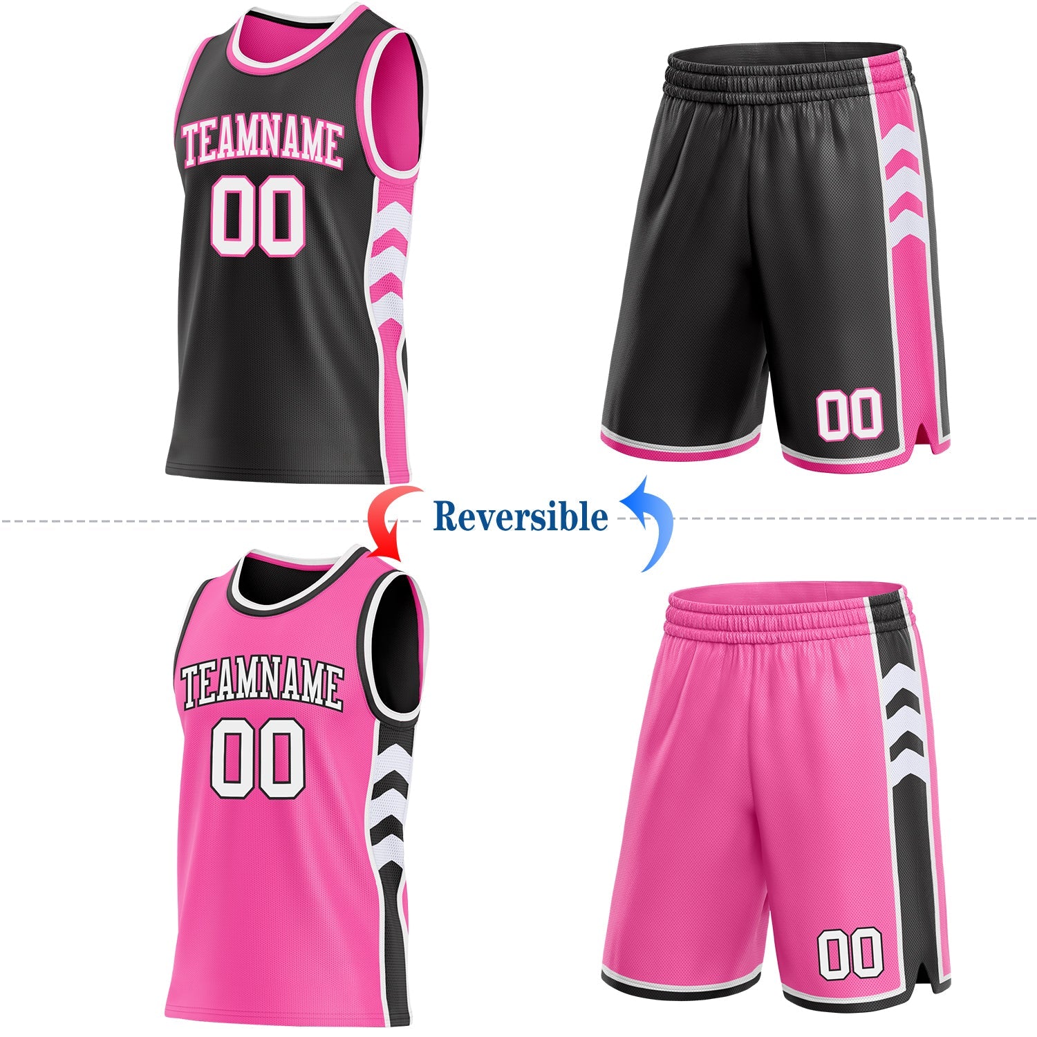 Custom Black White-Pink Side Panel Geometric Chevron Reversible Double Side Sublimation Basketball Set Jersey