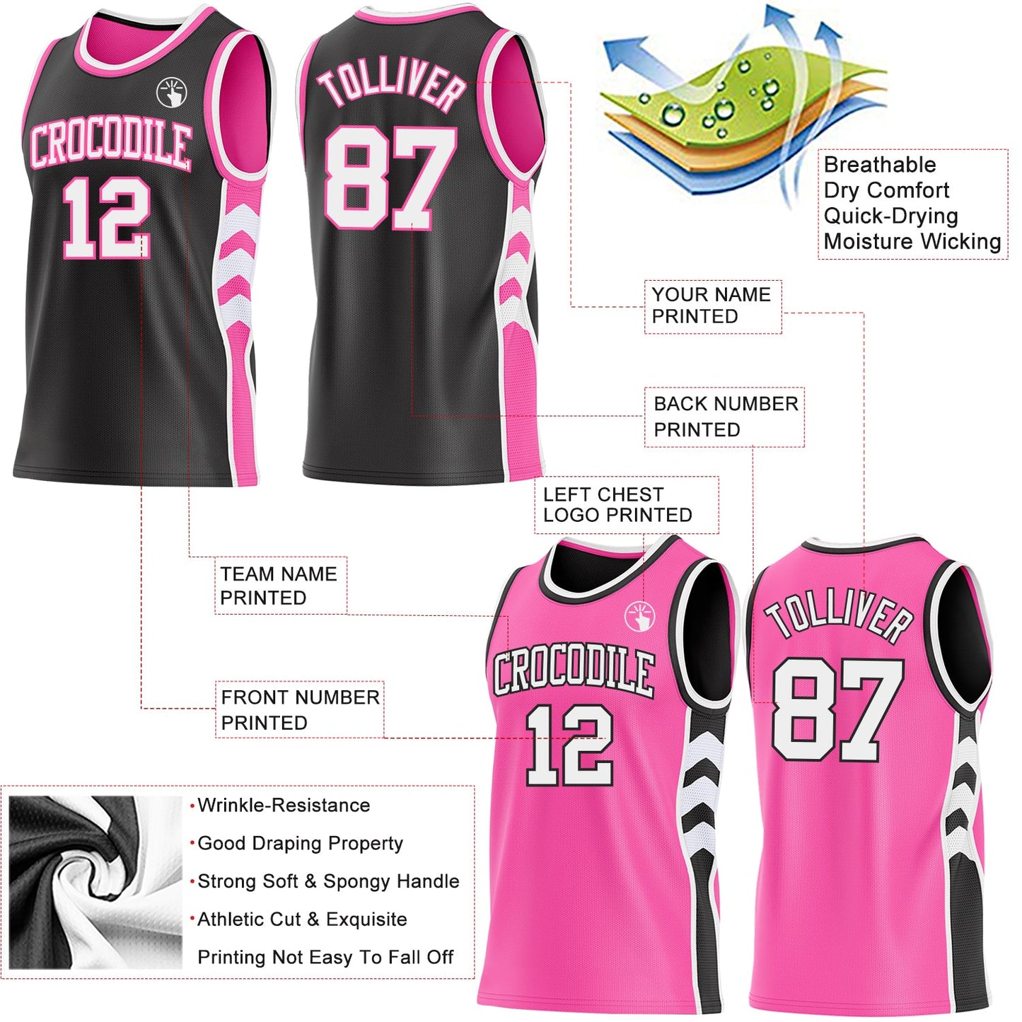 Custom Black White-Pink Side Panel Geometric Chevron Reversible Double Side Sublimation Basketball Set Jersey