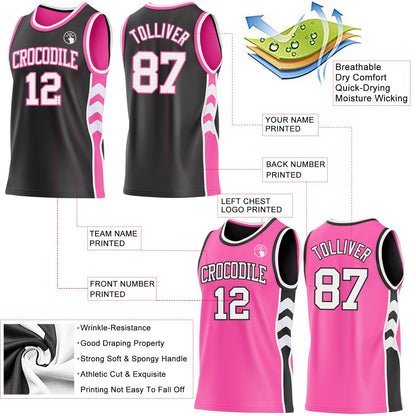 Custom Black White-Pink Side Panel Geometric Chevron Reversible Double Side Sublimation Basketball Set Jersey