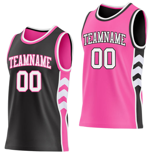 Custom Black White-Pink Side Panel Geometric Chevron Reversible Double Side Sublimation Basketball Set Jersey