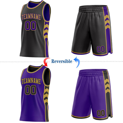 Custom Black Purple-Old Gold Side Panel Geometric Chevron Reversible Double Side Sublimation Basketball Set Jersey