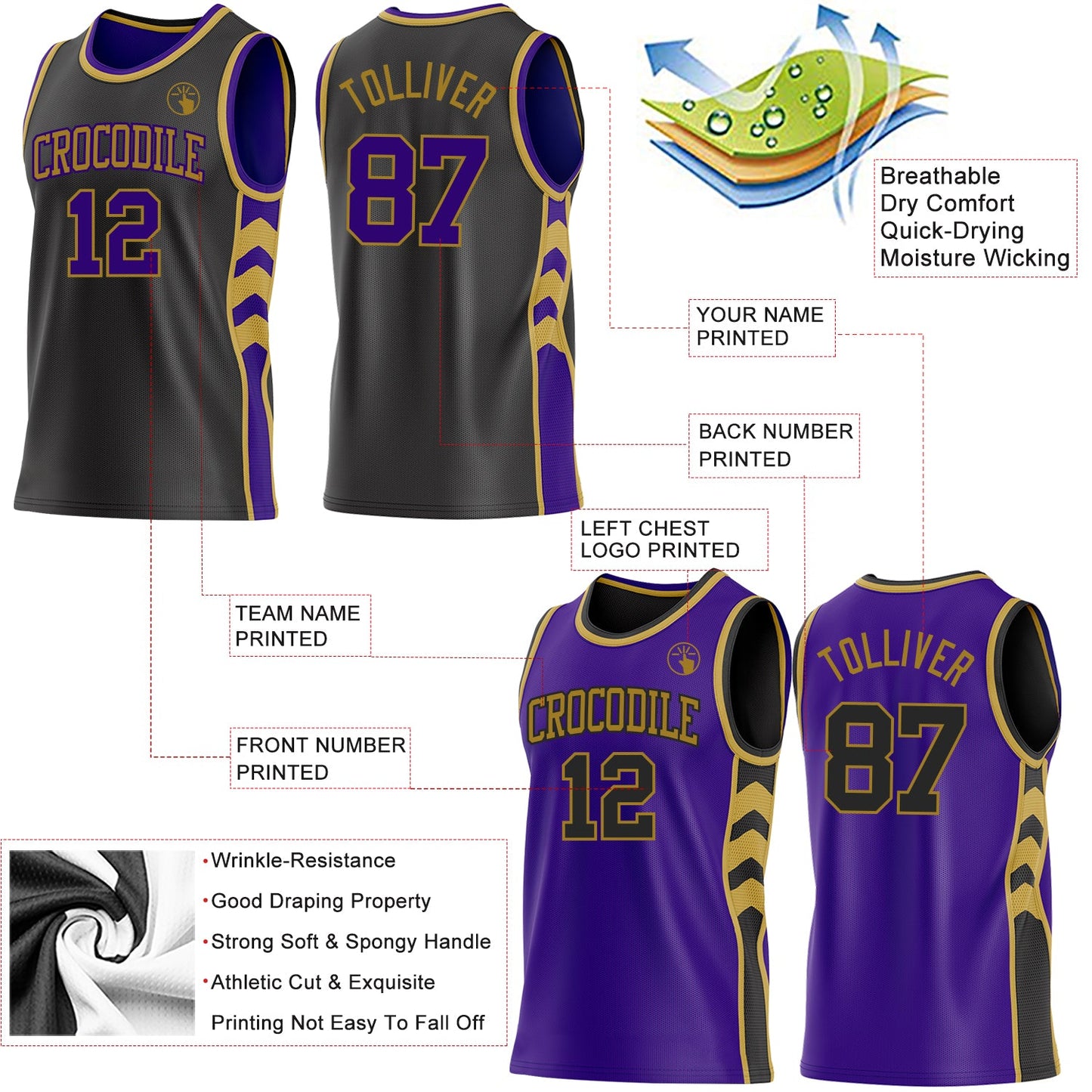 Custom Black Purple-Old Gold Side Panel Geometric Chevron Reversible Double Side Sublimation Basketball Set Jersey