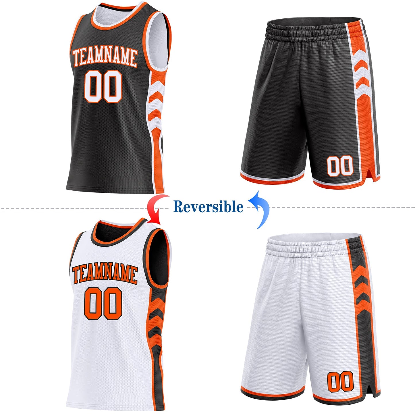 Custom Black White-Orange Side Panel Geometric Chevron Reversible Double Side Sublimation Basketball Set Jersey