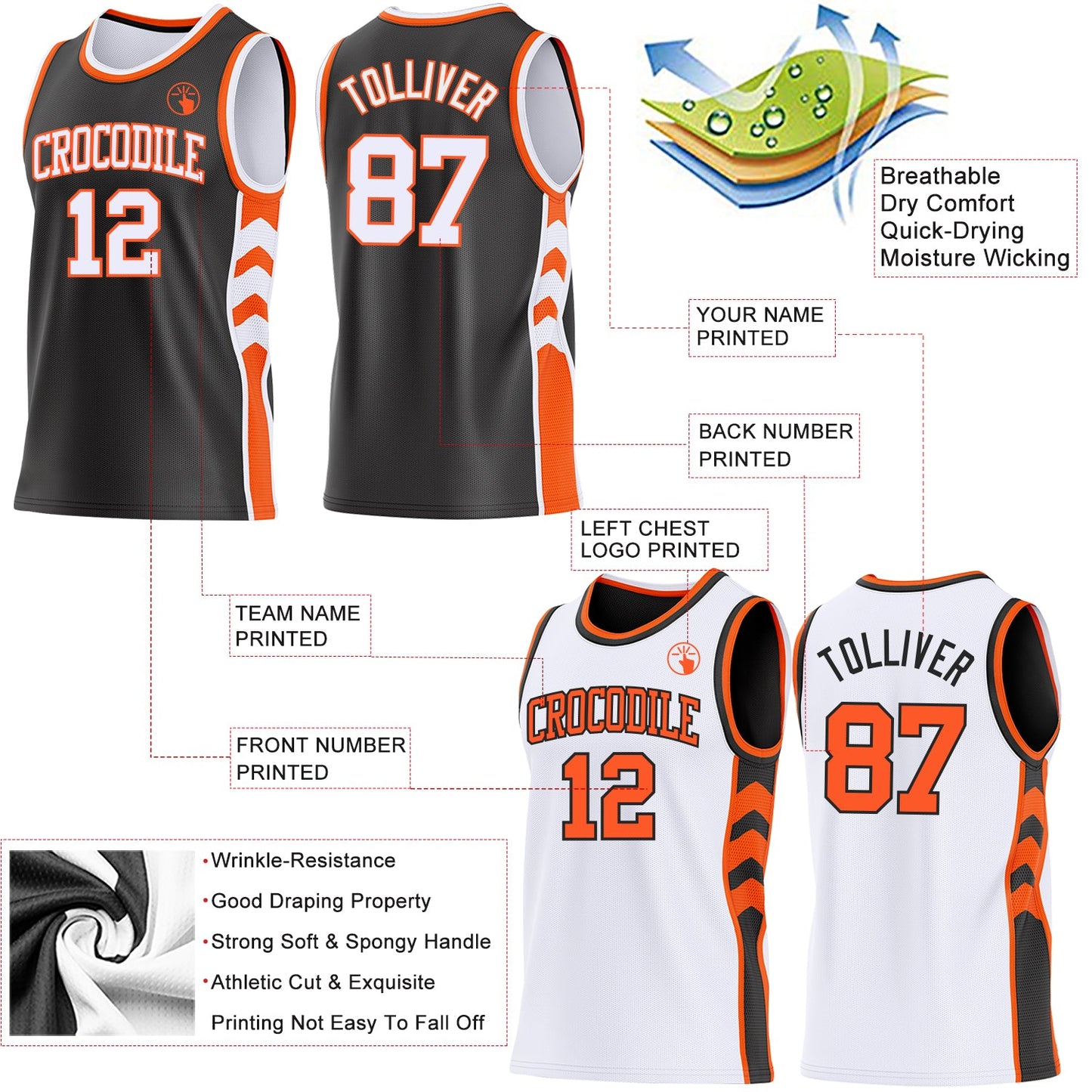 Custom Black White-Orange Side Panel Geometric Chevron Reversible Double Side Sublimation Basketball Set Jersey