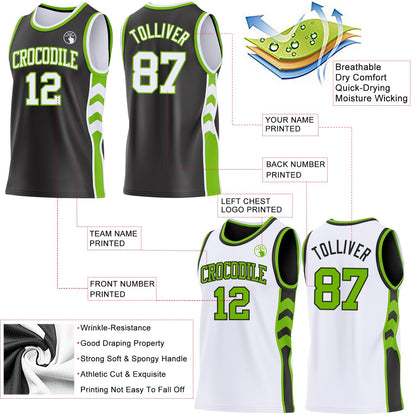 Custom Black White-Neon Green Side Panel Geometric Chevron Reversible Double Side Sublimation Basketball Set Jersey