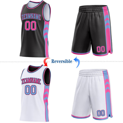 Custom Black Pink-Light Blue Side Panel Geometric Chevron Reversible Double Side Sublimation Basketball Set Jersey