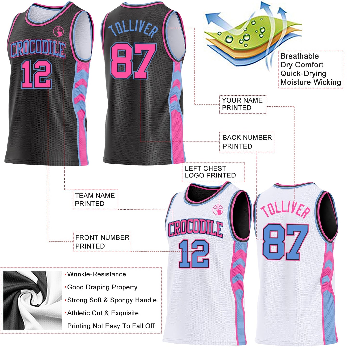 Custom Black Pink-Light Blue Side Panel Geometric Chevron Reversible Double Side Sublimation Basketball Set Jersey