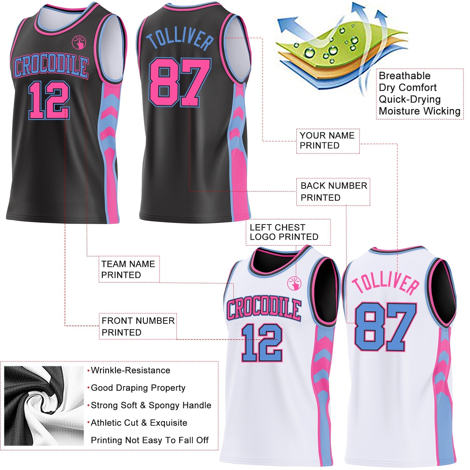 Custom Black Pink-Light Blue Side Panel Geometric Chevron Reversible Double Side Sublimation Basketball Set Jersey
