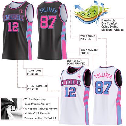 Custom Black Pink-Light Blue Side Panel Geometric Chevron Reversible Double Side Sublimation Basketball Set Jersey