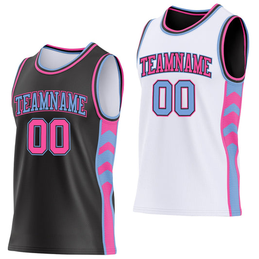 Custom Black Pink-Light Blue Side Panel Geometric Chevron Reversible Double Side Sublimation Basketball Set Jersey