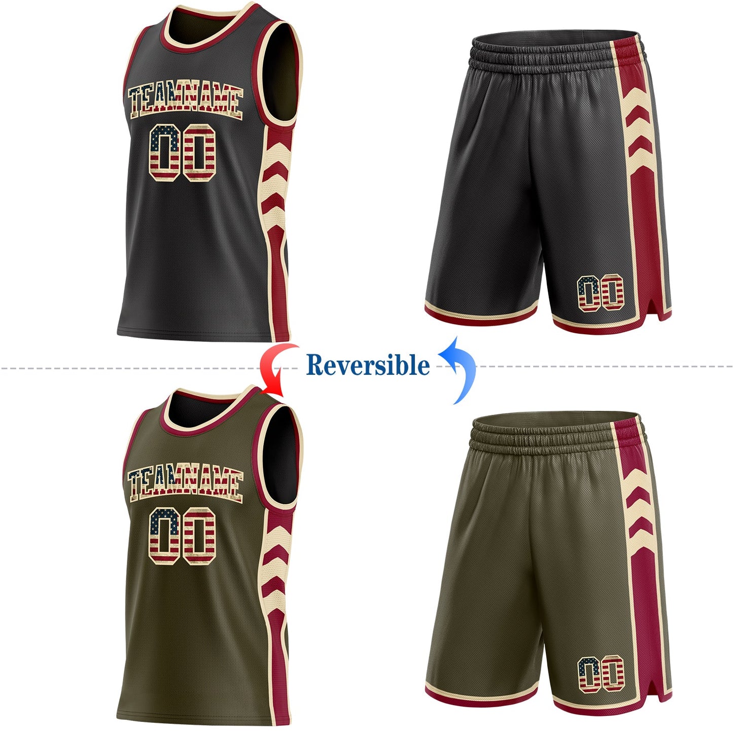 Custom Black(Olive) Vintage USA Flag Cream-Maroon Side Panel Geometric Chevron Reversible Double Side Sublimation Basketball Set Jersey