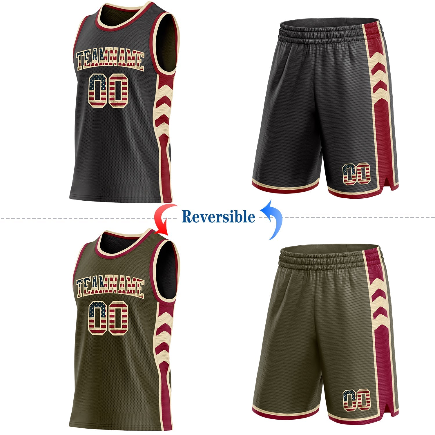Custom Black(Olive) Vintage USA Flag Cream-Maroon Side Panel Geometric Chevron Reversible Double Side Sublimation Basketball Set Jersey