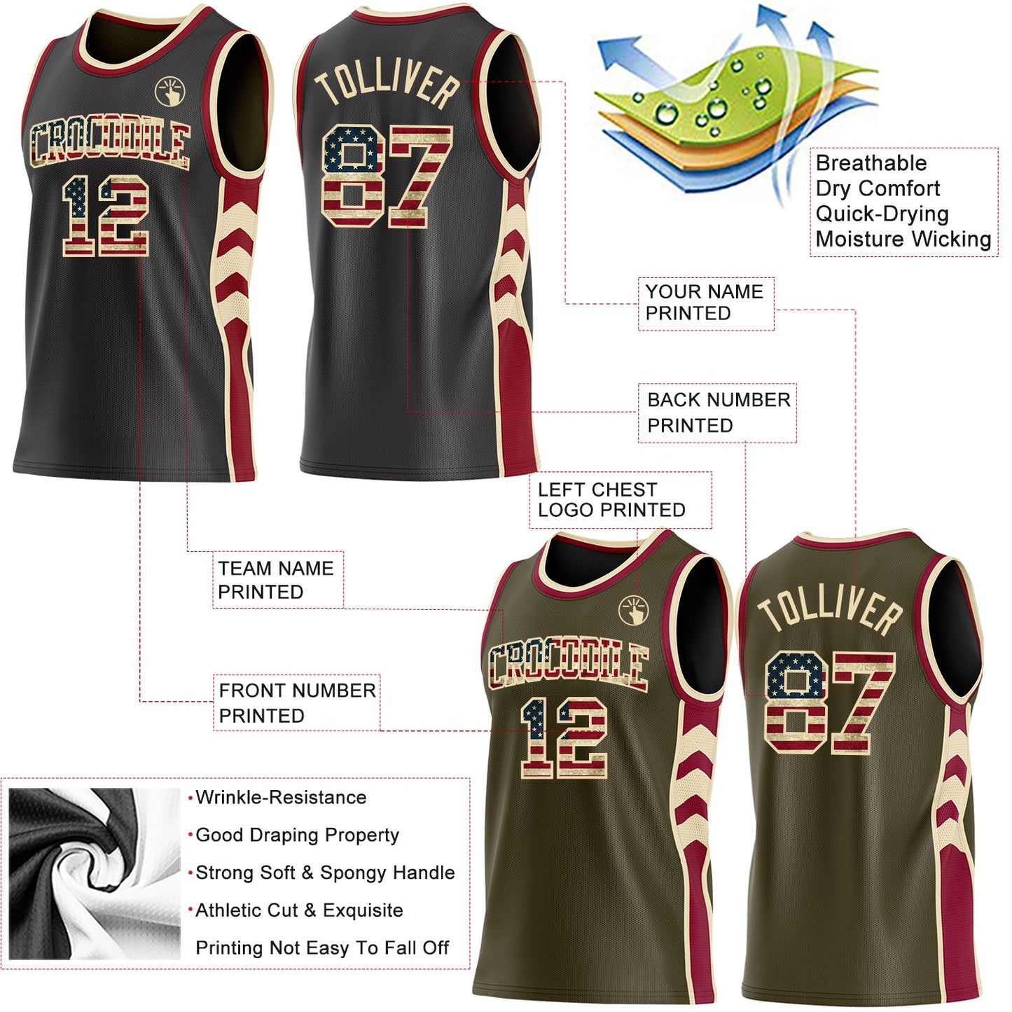 Custom Black(Olive) Vintage USA Flag Cream-Maroon Side Panel Geometric Chevron Reversible Double Side Sublimation Basketball Set Jersey