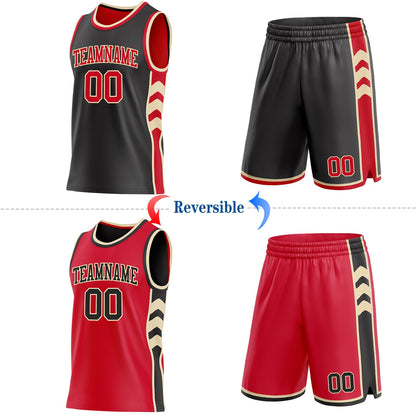 Custom Black Red-Cream Side Panel Geometric Chevron Reversible Double Side Sublimation Basketball Set Jersey
