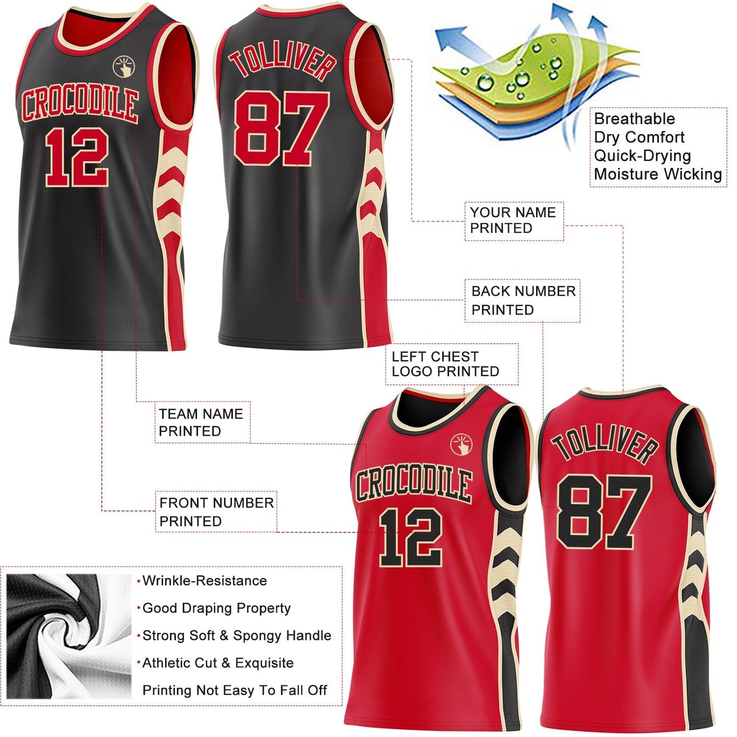 Custom Black Red-Cream Side Panel Geometric Chevron Reversible Double Side Sublimation Basketball Set Jersey