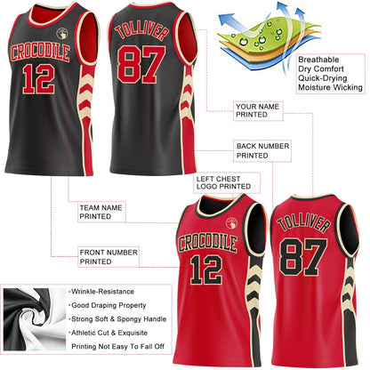 Custom Black Red-Cream Side Panel Geometric Chevron Reversible Double Side Sublimation Basketball Set Jersey