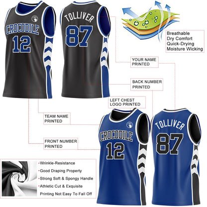 Custom Black Royal-White Side Panel Geometric Chevron Reversible Double Side Sublimation Basketball Set Jersey