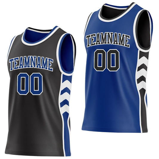 Custom Black Royal-White Side Panel Geometric Chevron Reversible Double Side Sublimation Basketball Set Jersey