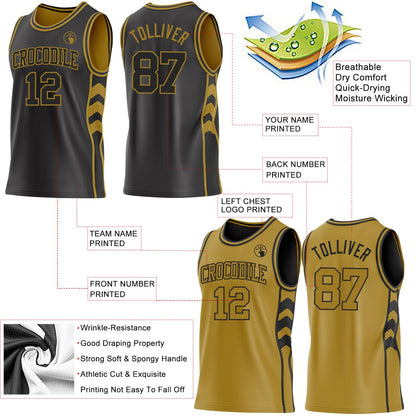 Custom Black-Old Gold Side Panel Geometric Chevron Reversible Double Side Sublimation Basketball Set Jersey