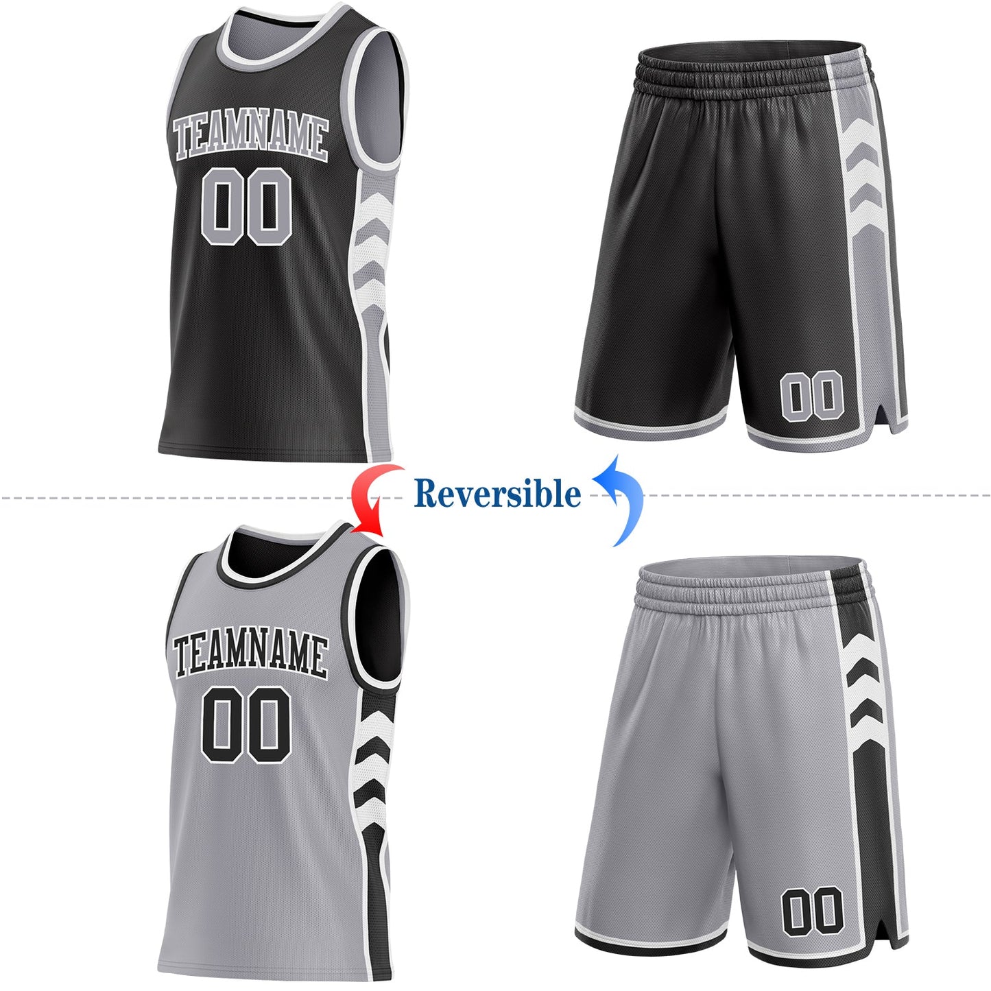 Custom Black Gray-White Side Panel Geometric Chevron Reversible Double Side Sublimation Basketball Set Jersey