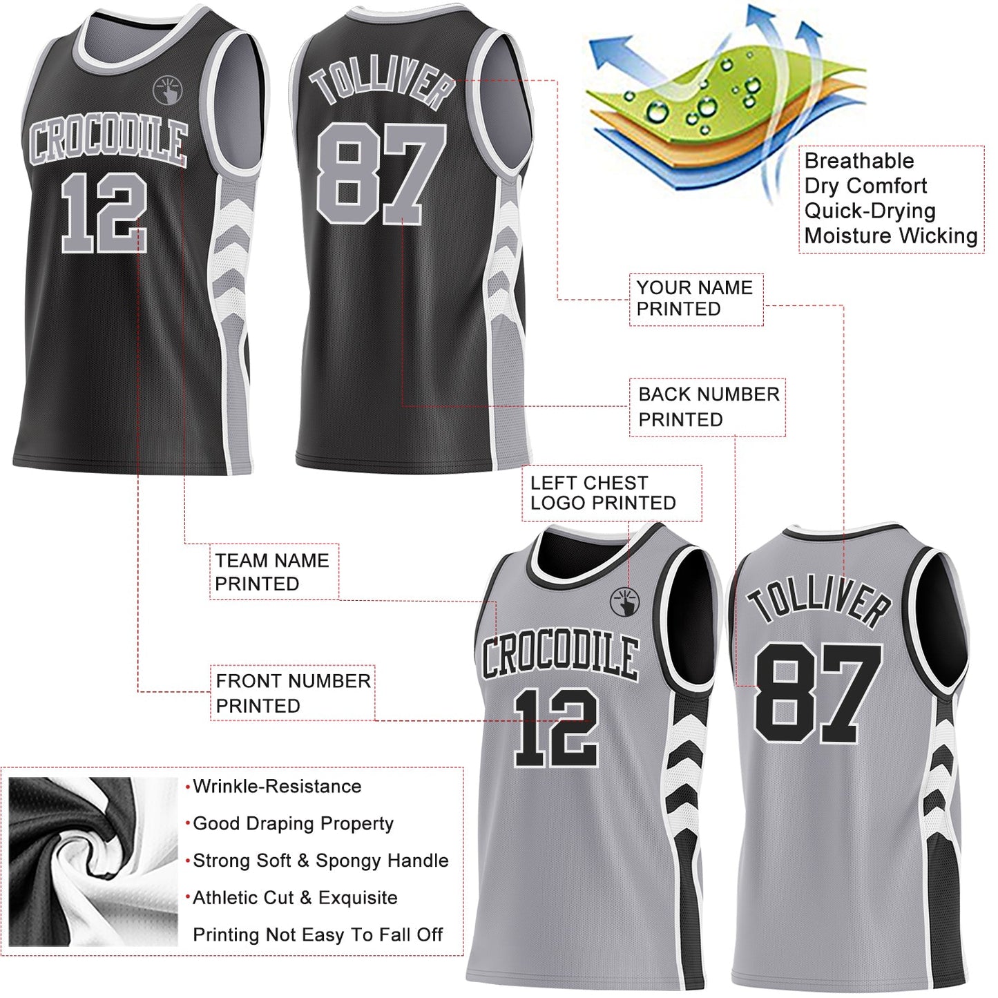 Custom Black Gray-White Side Panel Geometric Chevron Reversible Double Side Sublimation Basketball Set Jersey