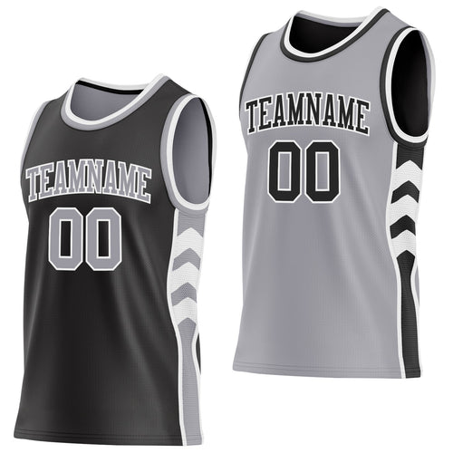 Custom Black Gray-White Side Panel Geometric Chevron Reversible Double Side Sublimation Basketball Set Jersey