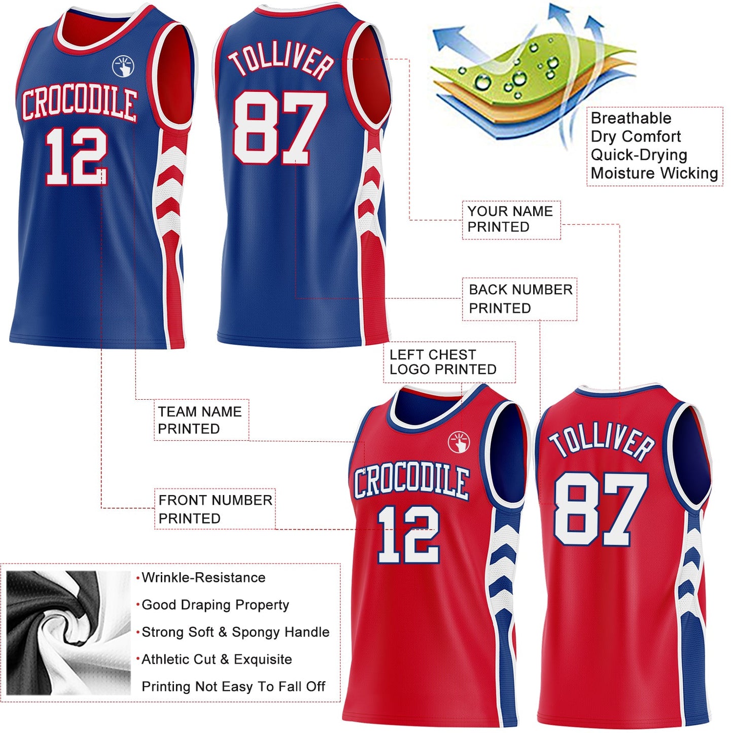 Custom Royal White-Red Side Panel Geometric Chevron Reversible Double Side Sublimation Basketball Set Jersey