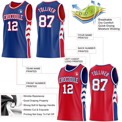 Custom Royal White-Red Side Panel Geometric Chevron Reversible Double Side Sublimation Basketball Set Jersey