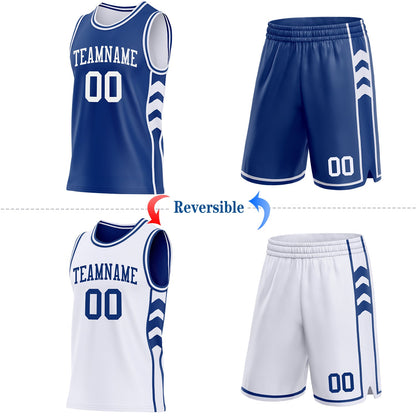 Custom Royal-White Side Panel Geometric Chevron Reversible Double Side Sublimation Basketball Set Jersey