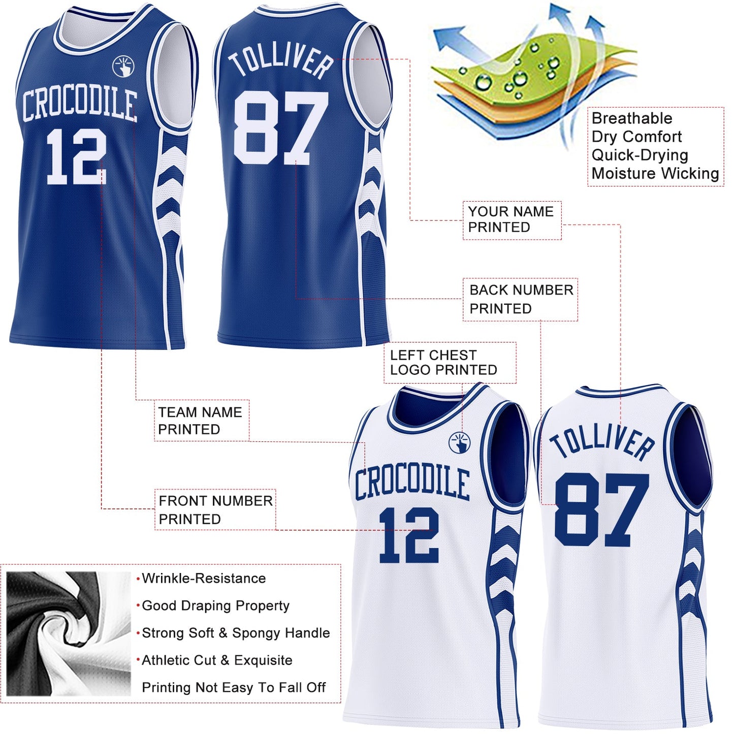 Custom Royal-White Side Panel Geometric Chevron Reversible Double Side Sublimation Basketball Set Jersey