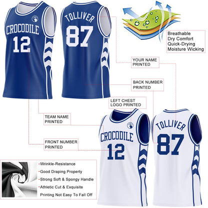 Custom Royal-White Side Panel Geometric Chevron Reversible Double Side Sublimation Basketball Set Jersey