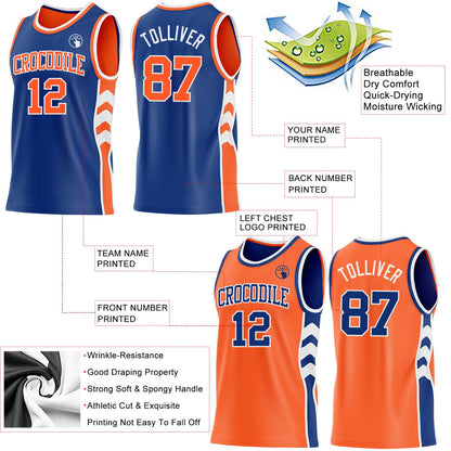 Custom Royal Orange-White Side Panel Geometric Chevron Reversible Double Side Sublimation Basketball Set Jersey