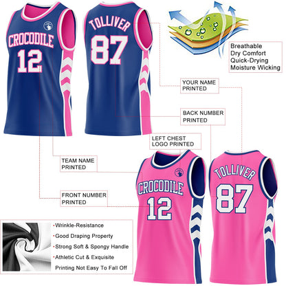 Custom Royal White-Pink Side Panel Geometric Chevron Reversible Double Side Sublimation Basketball Set Jersey