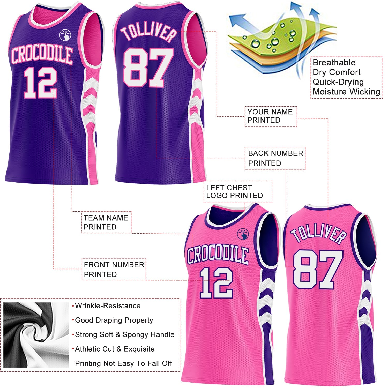 Custom Purple White-Pink Side Panel Geometric Chevron Reversible Double Side Sublimation Basketball Set Jersey