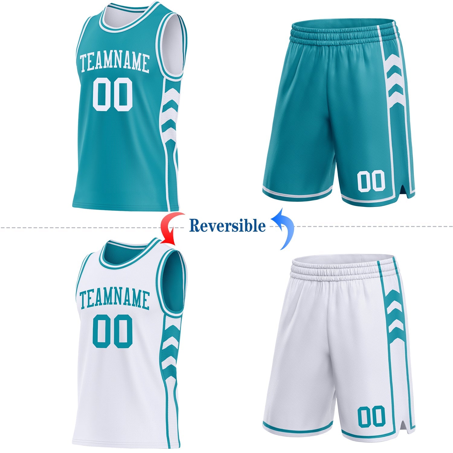 Custom Teal-White Side Panel Geometric Chevron Reversible Double Side Sublimation Basketball Set Jersey