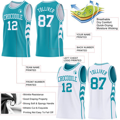 Custom Teal-White Side Panel Geometric Chevron Reversible Double Side Sublimation Basketball Set Jersey