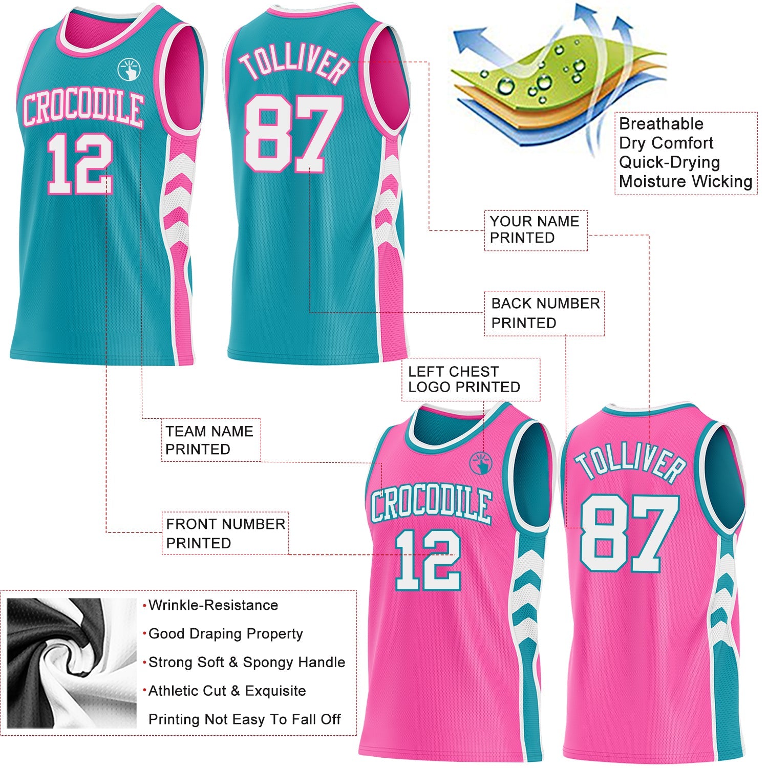 Custom Teal White-Pink Side Panel Geometric Chevron Reversible Double Side Sublimation Basketball Set Jersey
