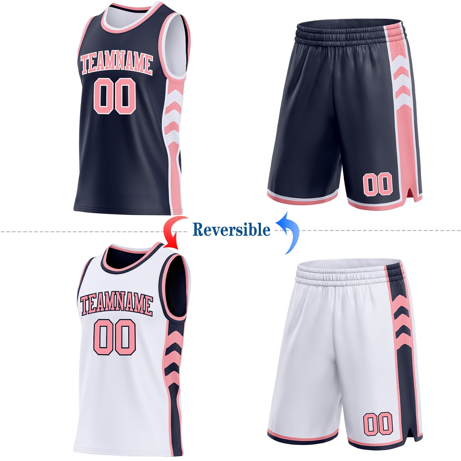 Custom Navy Medium Pink-White Side Panel Geometric Chevron Reversible Double Side Sublimation Basketball Set Jersey
