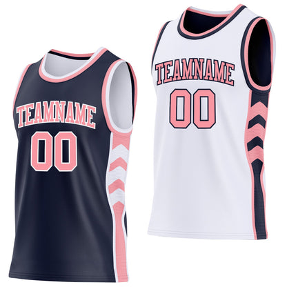 Custom Navy Medium Pink-White Side Panel Geometric Chevron Reversible Double Side Sublimation Basketball Set Jersey