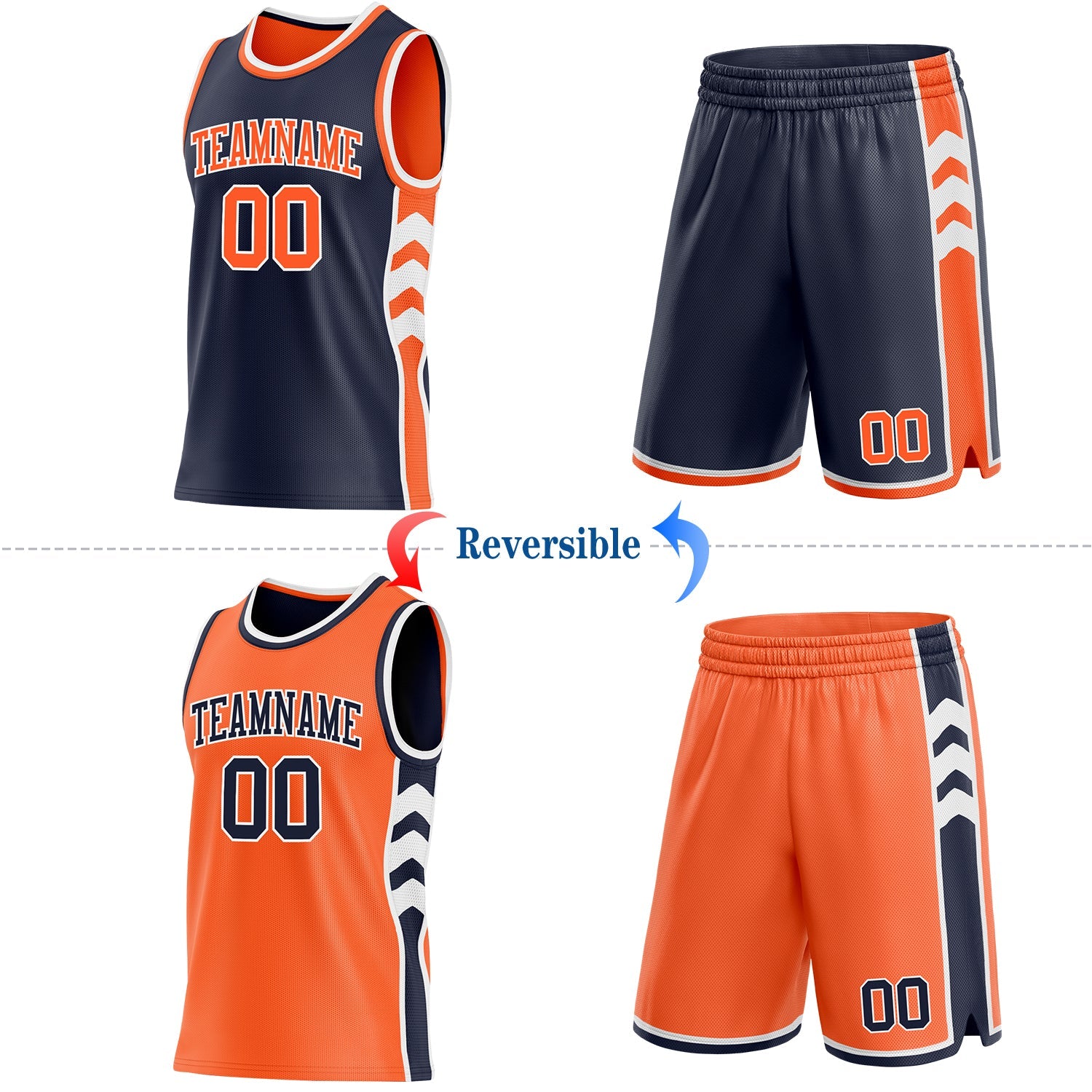 Custom Navy Orange-White Side Panel Geometric Chevron Reversible Double Side Sublimation Basketball Set Jersey