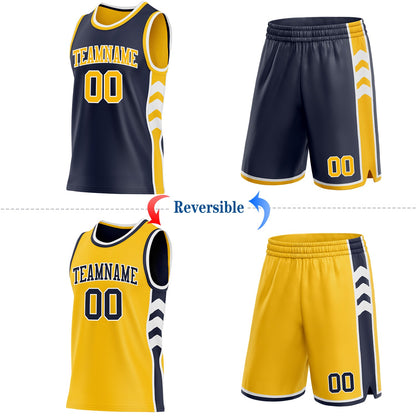 Custom Navy Gold-White Side Panel Geometric Chevron Reversible Double Side Sublimation Basketball Set Jersey