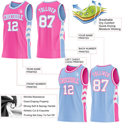 Custom Pink White-Light Blue Side Panel Geometric Chevron Reversible Double Side Sublimation Basketball Set Jersey