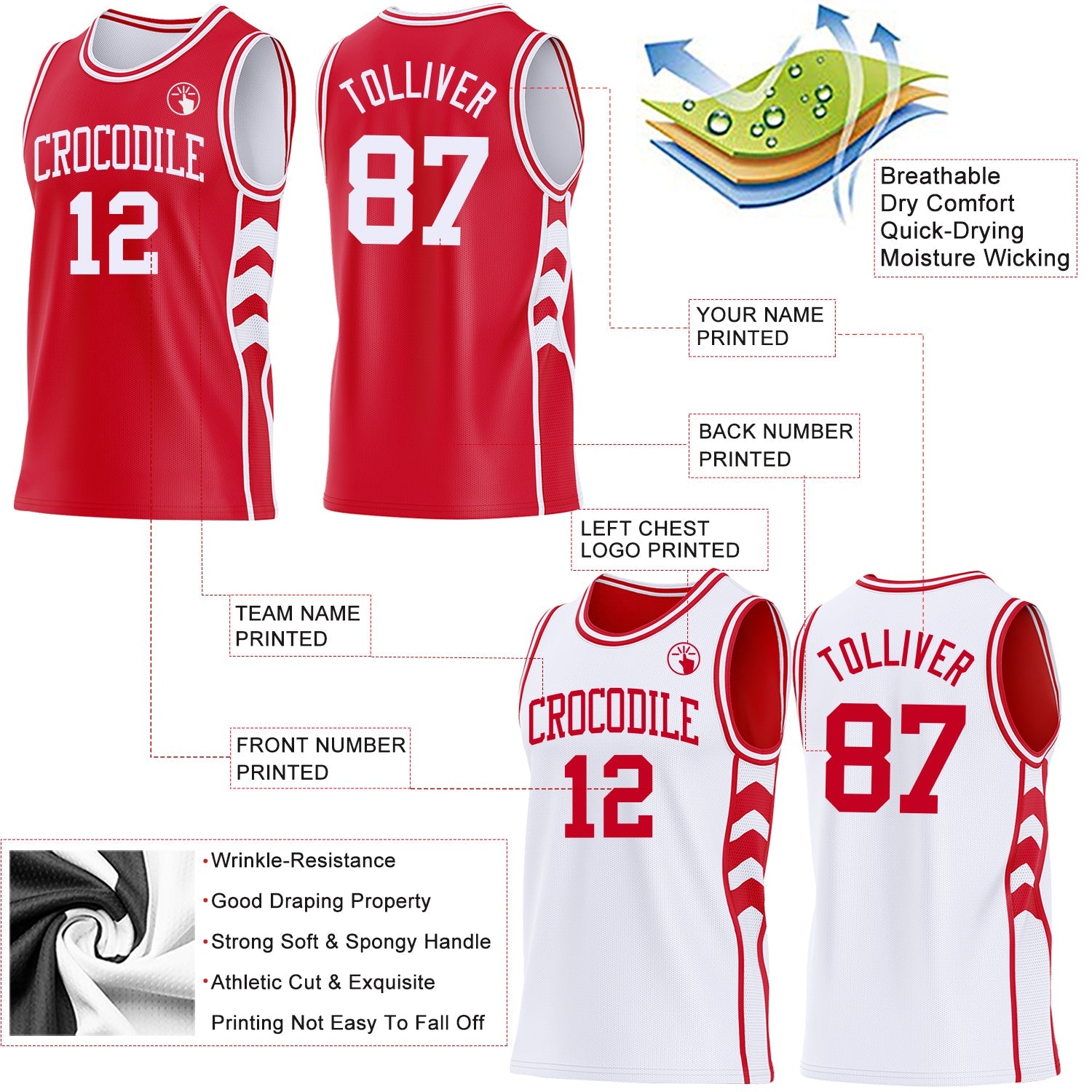Custom Red-White Side Panel Geometric Chevron Reversible Double Side Sublimation Basketball Set Jersey