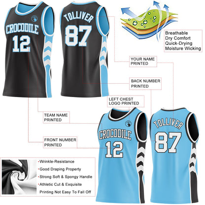 Custom Black White-Sky Blue Side Panel Geometric Chevron Reversible Double Side Sublimation Basketball Set Jersey